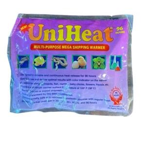 May include: A purple and pink UniHeat multi-purpose mega shipping warmer. The package features the text "UniHeat" in large, yellow letters, and includes images of various animals and plants. It provides a maximum warmer surface temperature of 38°C.