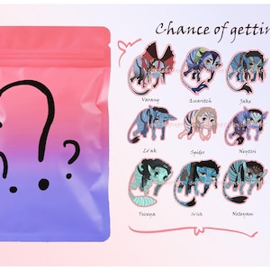 May include: A pink and purple gradient mystery pouch featuring a large black question mark on the front. To the right, the text Chance of getting displays thirteen illustrated character stickers including Varang, Quaritch, Jake, Palulukan, Lo'ak, Spider, Neytiri, Ikran, Tsireya, Selek, Neteyam, Toruk, and Zukzuk.