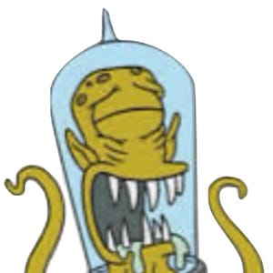 May include: A cartoon alien in a space helmet. The alien is yellow with large teeth and drool. It has two tentacles and is set against a white background. The helmet is light blue.