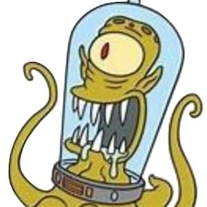 May include: Cartoon image of a yellow alien with a single large eye and sharp teeth, inside a glass dome. The alien has tentacles and a metallic collar. The background is white.