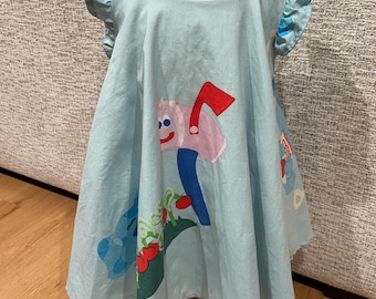 Blue Dog Vintage Handmade Toddler Girl Dress - 1990s bedsheet dress