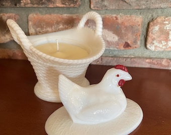 Upcycled Hand-Poured Soy Candle in Vintage Westmoreland Milk Glass Hen on Basket, Beach Linen Scent, eco-friendly, cottagecore decor.