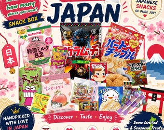 May include: A Japanese snack box assortment featuring various colorful food packages, including UHA milk candy, Koala's March, Godzilla-themed Karamucho, and other treats. The display includes text like Authentic Treats Directly From Japan.