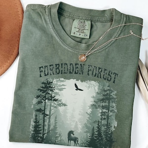May include: A green t-shirt with a forest scene and a unicorn. The text "Forbidden Forest" is printed on the shirt.