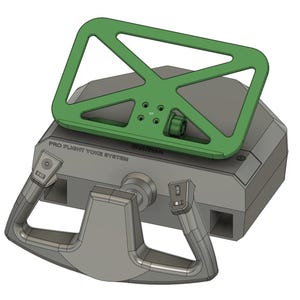May include: A gray Pro Flight Yoke System with a green yoke mount. The yoke has a silver handle and is designed for flight simulation. The text "Pro Flight Yoke System" and "Saitek" are visible on the device.