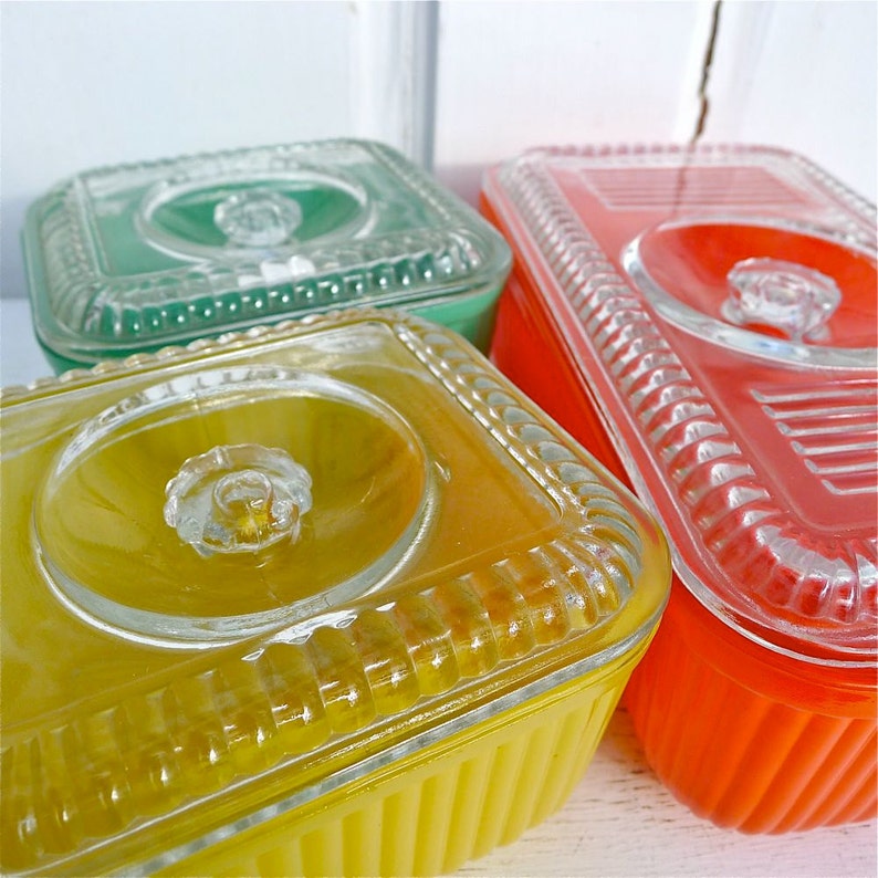 Vintage Ribbed Glass Colorful Refrigerator Dishes Set of 3 Etsy