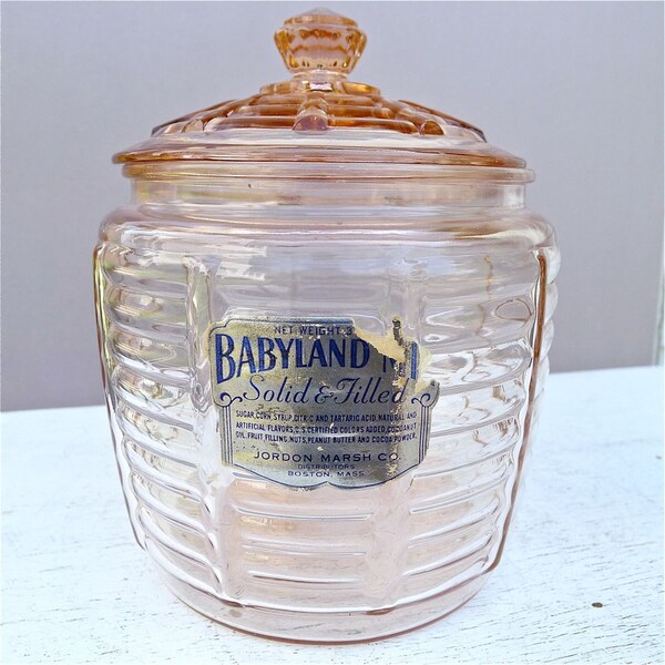 Vintage Pink Depression Glass Babyland Candy Jar with Lid Original Label