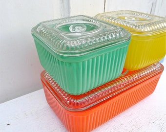Vintage Ribbed Glass Colorful Refrigerator Dishes Set of 3