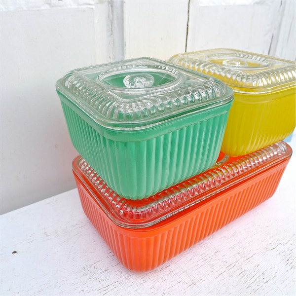 Vintage Ribbed Glass Colorful Refrigerator Dishes Set of 3