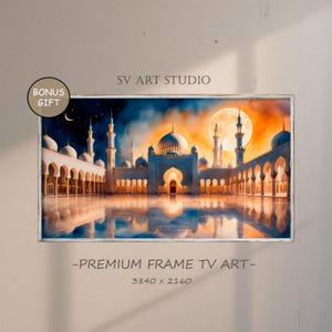 Majestic Mosque at Night – Islamic Architecture Digital Art – Moonlit Mosque Scene for Samsumg Frame TV Artwork. Islamic Architecture.