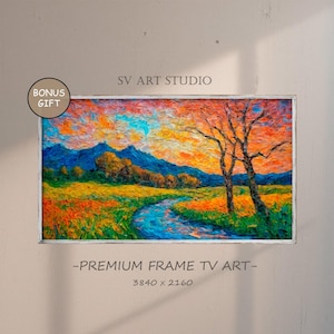 May include: A painting of a landscape with a river flowing through a field of flowers. The sky is a vibrant orange and pink, and there are mountains in the background. The painting is framed in a white frame.  SV ART STUDIO - PREMIUM FRAME TV ART - 3840 x 2160