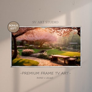 May include: A framed print of a Japanese garden with a wooden bench and a pond. The garden is filled with cherry blossom trees and lush greenery. The print is titled "SV ART STUDIO" and has a resolution of 3840 x 2160 pixels.