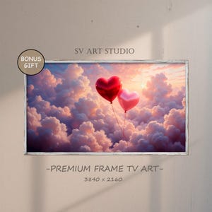 May include: Two heart-shaped balloons float in a cloudy sky. The balloons are red and pink, and the sky is a soft pink and purple. The image is framed in white.