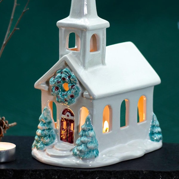 Valentine village White Church Candle Holder, 10.5" Tall Ceramic Lantern,  Mantel Decor, Putz House Luminary