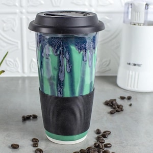 Mint Green blue Travel Mug, with Silicone Lid, Handmade Pottery, 16-18 oz, Summer Gift