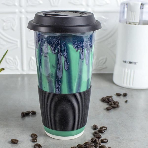 Mint Green blue Travel Mug, with Silicone Lid, handmade pottery, 16-18 oz, hostess gift