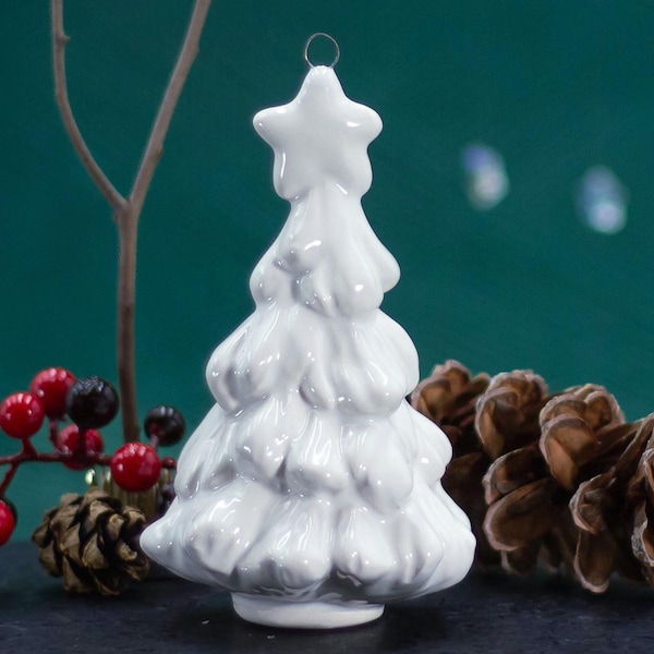 Valentine Village White Tree with Star Ornament, Cozy  Mantle Decor, Handmade Ceramic