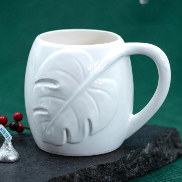 White Ceramic Coffee Mug, Large Monstera Leaf, 18oz, Mother's Day Gifts