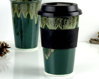 Forest Hunter Green Travel Mug with Lid, to Go coffee mug, Woodland decor, gift for all