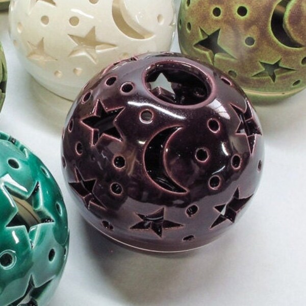 星と月のランタン、キャンドルホルダー、居心地の良い室内装飾、天体キャンドルホルダー、ナスパープル、セラミック照明、ロマンチックなギフト