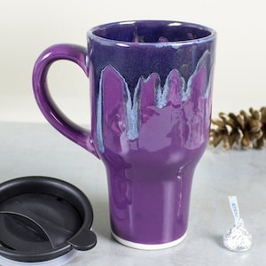 Ceramic Coffee cup with handle & lid, Amethyst Purple Lilac, handmade pottery mug