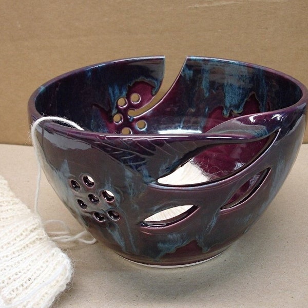 LARGE 8.5-9 in. Ceramic Yarn Bowl, Eggplant Purple Lavender Blush twisted leaf, knitter gift, Handmade, Mother's Day gifts -Made to Order