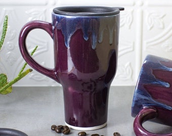Beautiful ceramics Travel mug with handle, large coffee cup to go, Eggplant Purple, Kitchen Serving Gift, Valentine's gift for him / for her