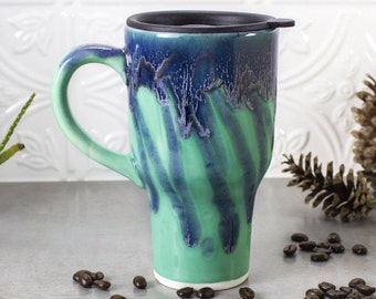Ceramic reusable Travel mug w handle, Mint Green Blue, to go mug, black lid pottery, coffee lover Valentine gift