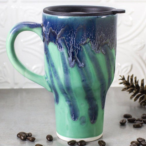 Ceramic Reusable Travel Mug W Handle Eco Friendly Gift Mint Etsy