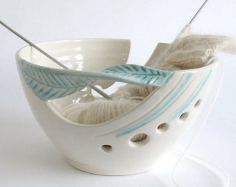 White Ceramic Yarn Bowl with Green Leaf, Knitting Crochet Organizer, Quilt Binding Bowl