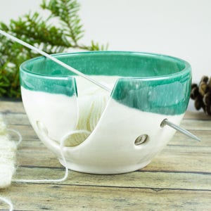 White Mint Green Yarn bowl, pretty Knitting Bowl gift, odorless clean, Small Ceramic Yarn holder, Inexpensive Crochet bowl