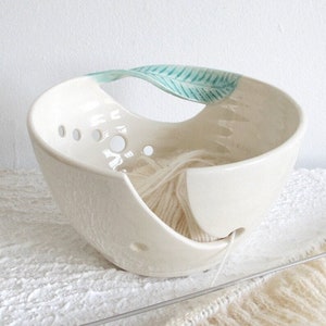 Ceramic Yarn Bowl, Knitting / crochet bowl, quilt binding bowl, handmade, white with twisted green leaf