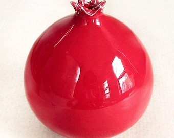 Jarrón de cerámica roja con forma de granada, fruta de cerámica hecha a mano, jarrón pequeño torneado, regalo de buena suerte
