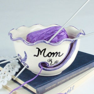 Ceramic Yarn Bowl, white purple, crafty mom gift, Personalized Custom Name, Knitting Holder, Crochet organizer storage, MADE TO ORDER image 1