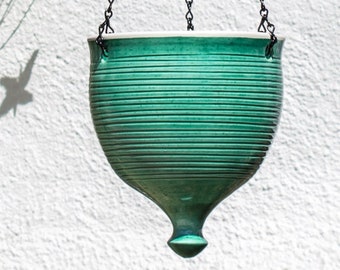 Large Green Hanging Planter, Wheel Thrown Pottery, Garden Patio Container, Emerald Plant Pot, Gardener Gift