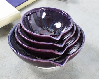 Set of 4 Eggplant Purple Ceramic Measuring Cup, Mother's Day gifts, Chef's Gifts, Nesting Prep Bowls, Handmade Pottery