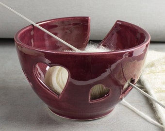 Burgundy Heart Yarn Bowl, Dark red wine, ceramic Wheel Thrown bowl, Knitting bowl, Crochet bowl, handmade knitter gift -MADE TO ORDER