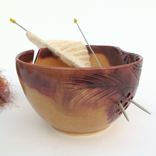 LARGE 9" Yarn Bowl, Knitting bowl, Autumn Gold yarn organizer, twisted leaf handle, Mother's Day , Crochet Bowl, knitter gift, IN STOCK