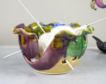 Tropical beach Ceramic Yarn Bowl, Wheel thrown Knitting bowl, Yellow Blue Purple Lime Green, knitter gift, Mother's Day gifts, IN STOCK