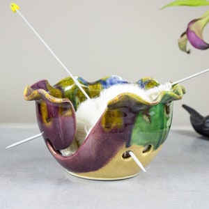 Tropical beach Ceramic Yarn Bowl, Wheel thrown Knitting bowl, Yellow Blue Purple Lime Green, knitter gift, Mother's Day gifts, IN STOCK