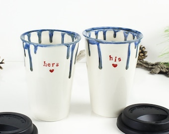 HERS & HIS ceramic Travel Mug, coffee cup, with Lid, 12-14 oz, to Go mug, White blue Red, heart, Love gift, for couple,  gift ideas