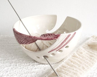 Wheel thrown ceramic Yarn Bowl, Knitting bowl, crochet bowl, Personalized Name Option, White blush dark pink, twisted leaf handle