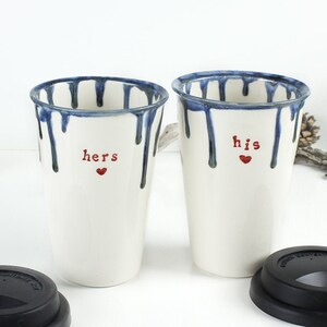 HERS & HIS ceramic Travel Mug, coffee cup, with Lid, 12-14 oz, to Go mug, White blue Red, heart, Love gift, for couple, fun gift ideas image 4