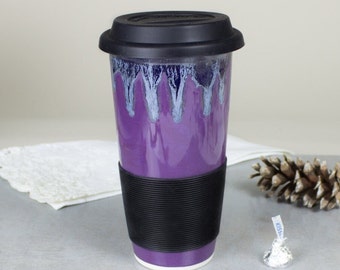 Amethyst Purple Travel Mug, Ceramic Reusable eco friendly coffee cup, gift for Mom, To Go Mug with Lid, handmade mugs, Mother's Day gift