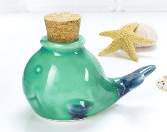 Ready to ship Whale decor Ceramic jar w cork lid Mint Green Blue small spice pot Kitchen chef Gifts Decor Pottery herb bottle gift for mom