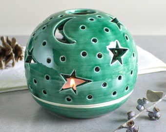 Lanterne céleste étoiles lune bougeoir, bougeoir vert émeraude, décoration d'intérieur moderne, luminaire étoile en céramique, MADE TO ORDER