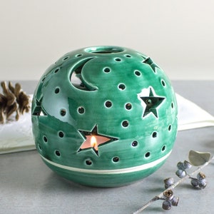 Emerald Green Stars Moon Ceramic Candle Holder, Handmade Pottery, Candleholder, Luminary, Celestial Lantern