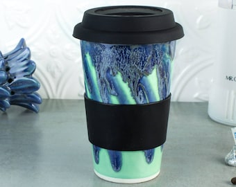 Blue Mint Green Travel Mug, with Lid, 12 - 14 oz, to Go coffee mug, reusable, handmade ceramic coffee mug, Mother's Day gifts, gift for all