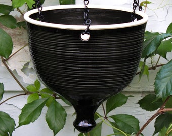 Ceramic Hanging Planter, Large modern Black pottery Hanging planter, Wheel thrown flower pot, gardener housewarming gift --6 weeks wait