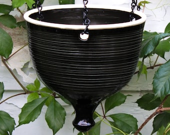 Ceramic Hanging Planter, Large Black Wheel Thrown Flower Pot, Garden Patio Decor, Gardener Gift